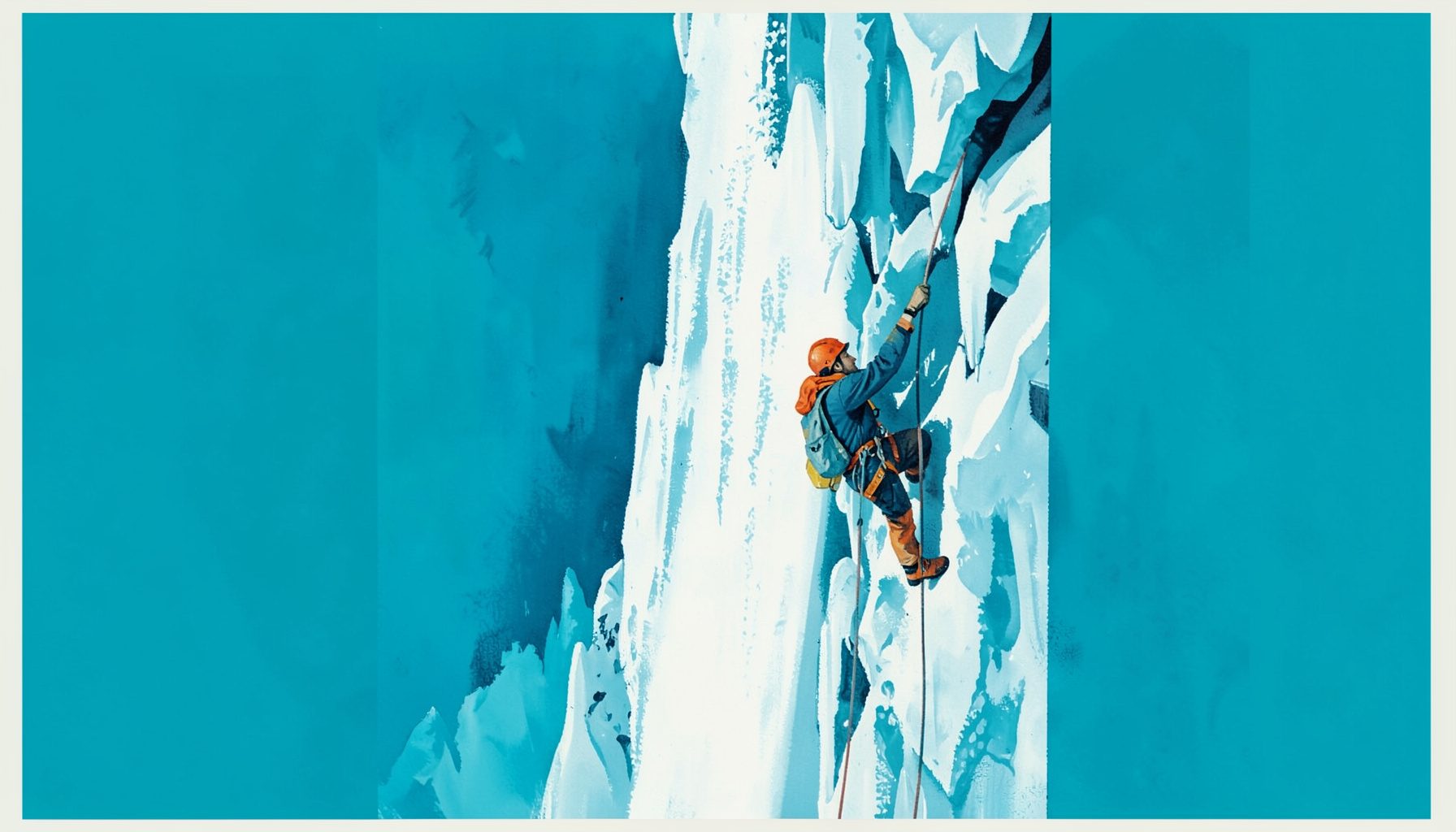 A matte gouache poster painting of an ice climber ascending a frozen waterfall, deep blues and whites with touches of warm orange gear, dramatic vertical composition