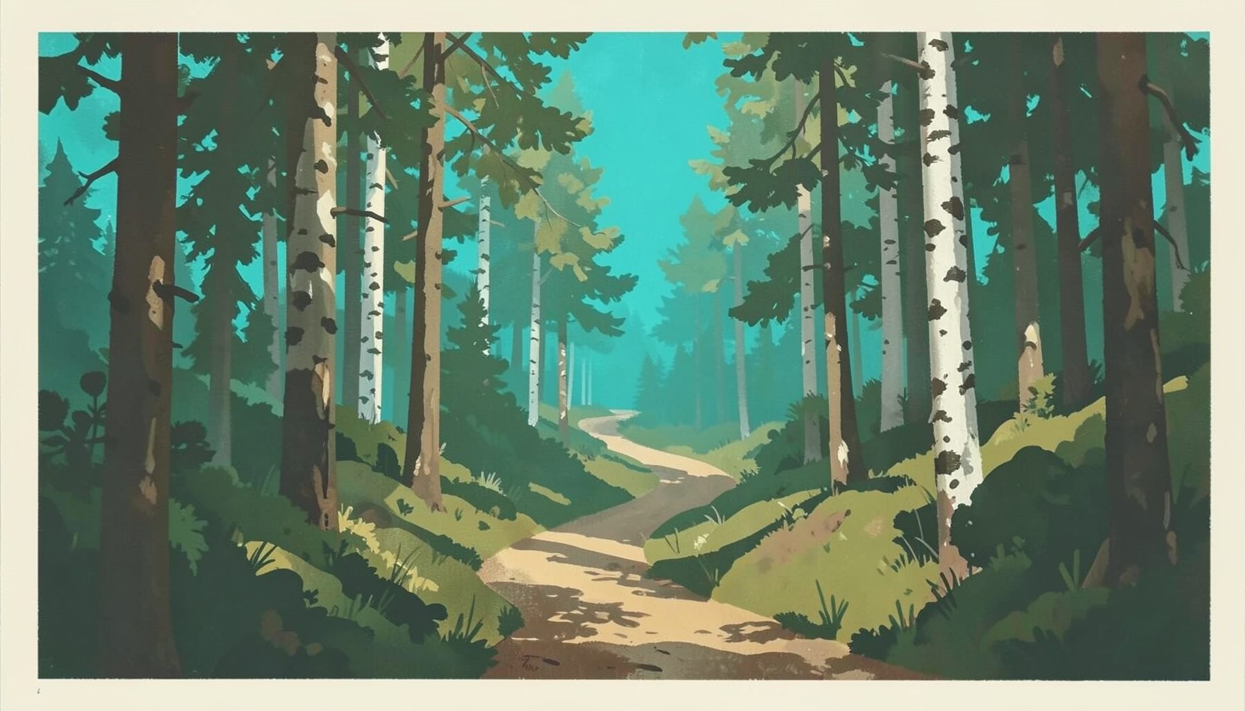A matte gouache poster painting of a winding path through a Nordic forest in soft greens and earthy browns, with dappled light filtering through pine and birch trees
