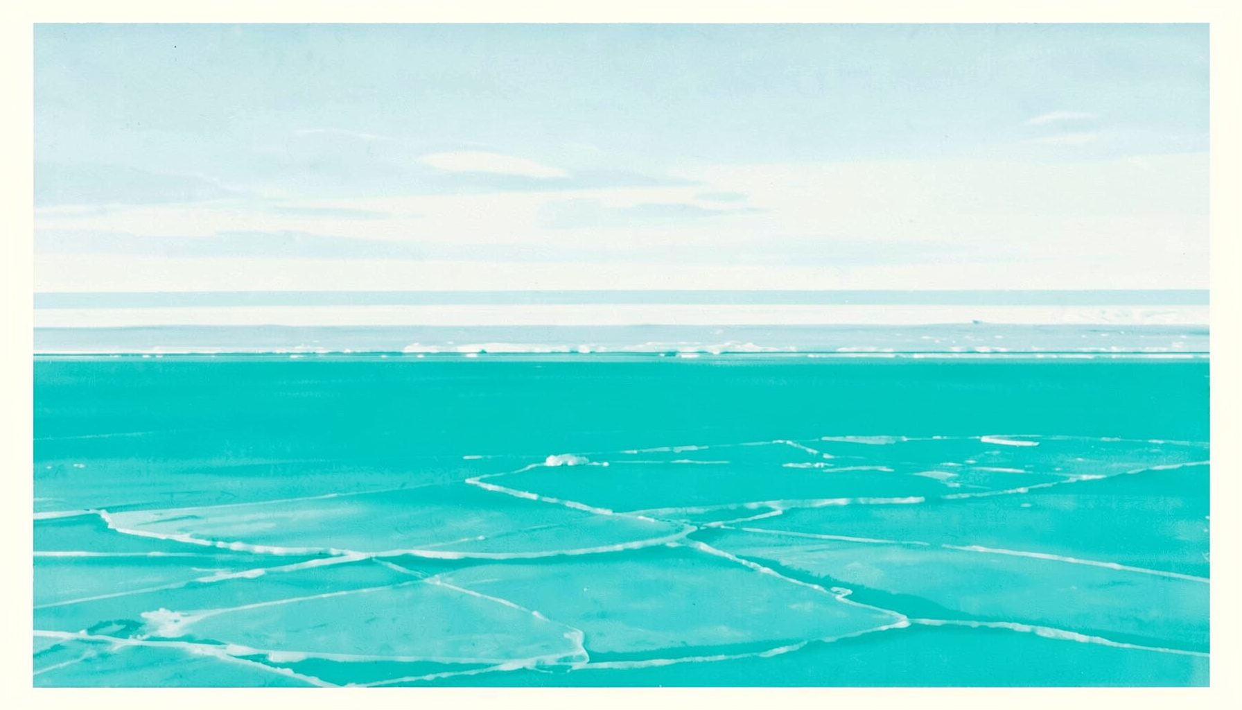 A matte gouache poster painting of a vast frozen sea under a pale Arctic sky, subtle ice textures in whites and soft blues, distant horizon