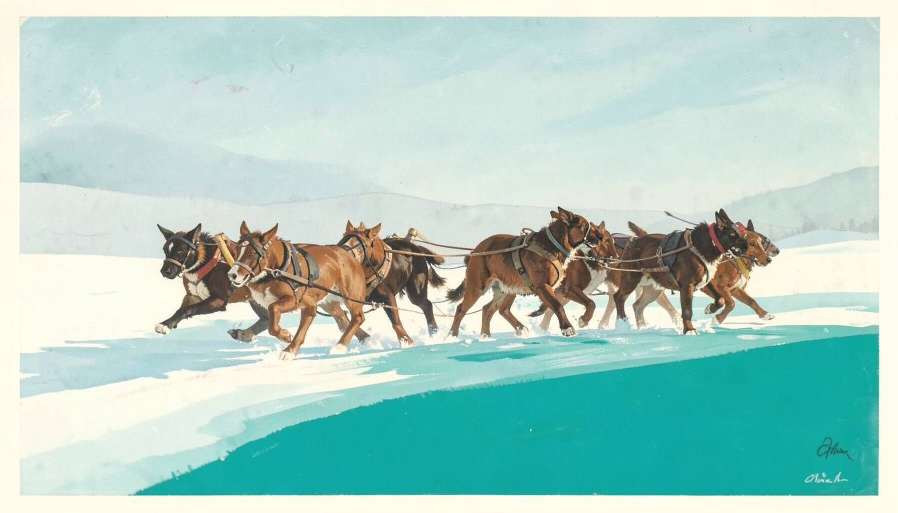 A matte gouache poster painting of a dog sled team racing across a white snowfield under a pale winter sky, muted blues and warm browns, sense of motion