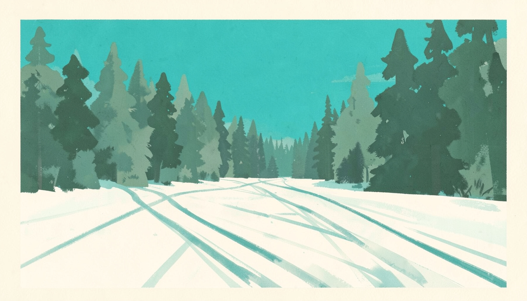 A matte gouache poster painting of cross-country ski tracks stretching across a snowy forest landscape, soft whites and muted greens, peaceful Nordic scene